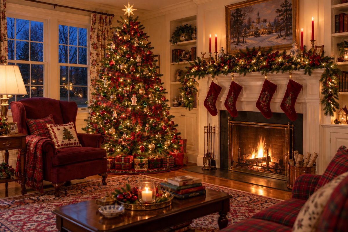 Living room decorated for Christmas with a lit tree and stockings on the fireplace