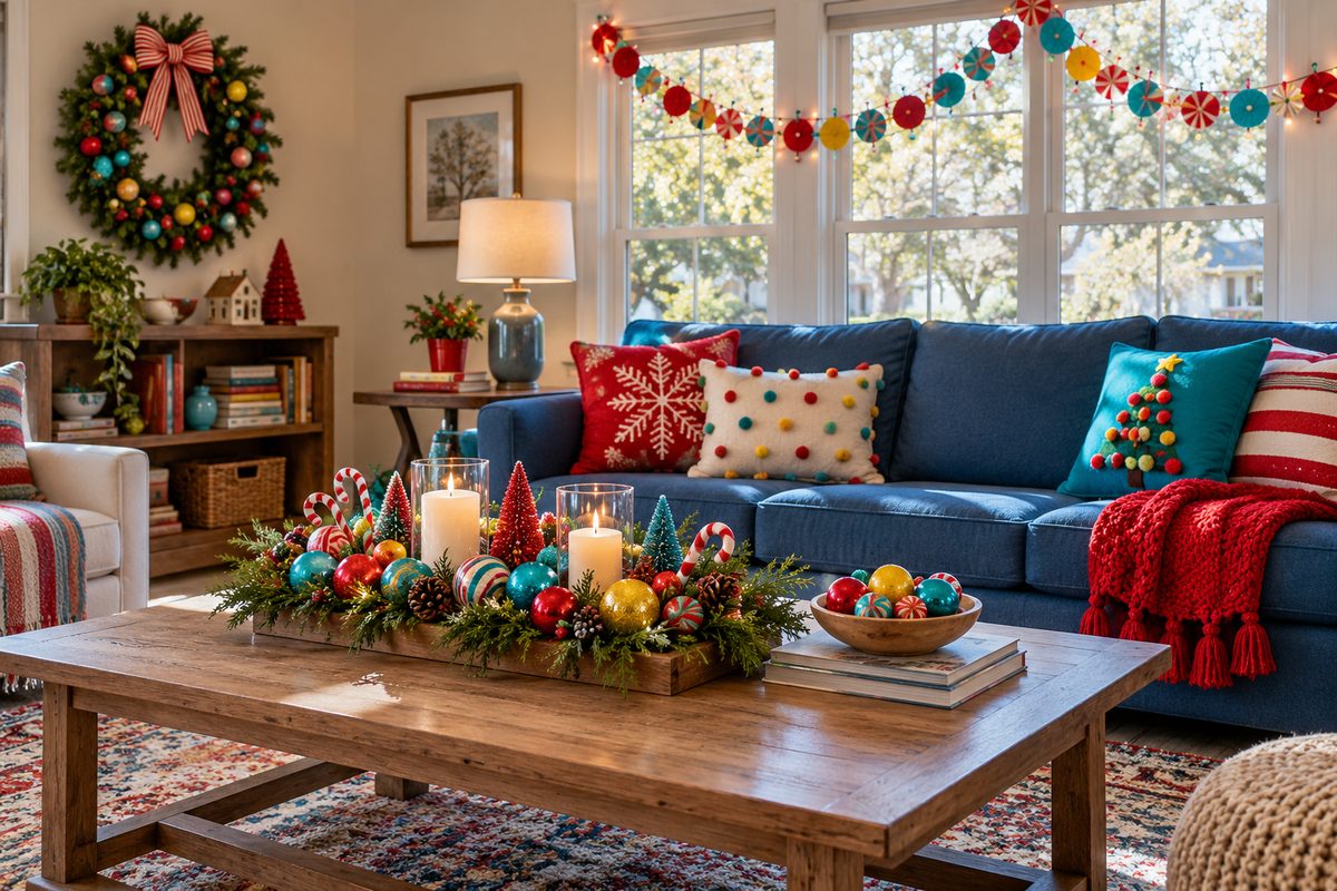 Colorful Christmas family room with candy-cane charm